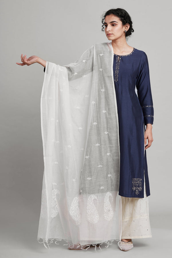White Paisley Printed Thread Embroidered Pure Silk Dupatta
