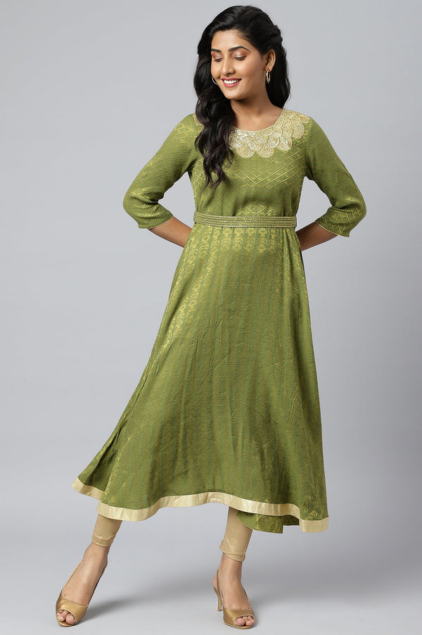 Green Zari Embroidered & Sequined Dobby Kurta