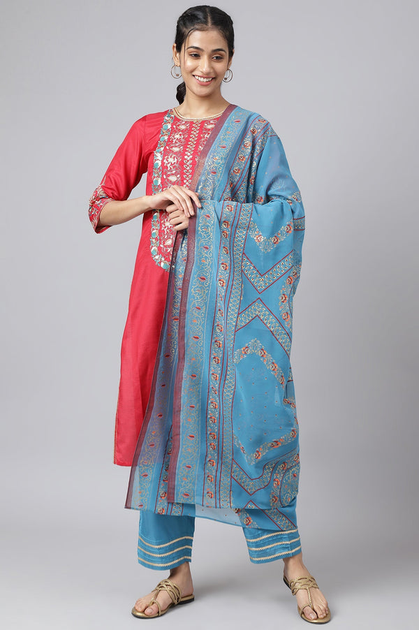 Aurelia Red Embroidered Kurta With Blue Straight Palazzo And Dupatta
