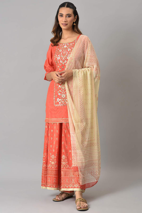 Aurelia Peach Zari Embroidered Kurta And Palazzo With Printed Dupatta