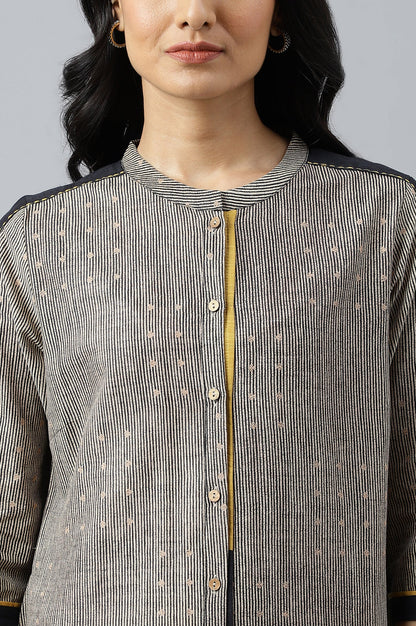 Beige Striped Thread Embroidered Pure Cotton Straight Kurta and Slim Pant Set