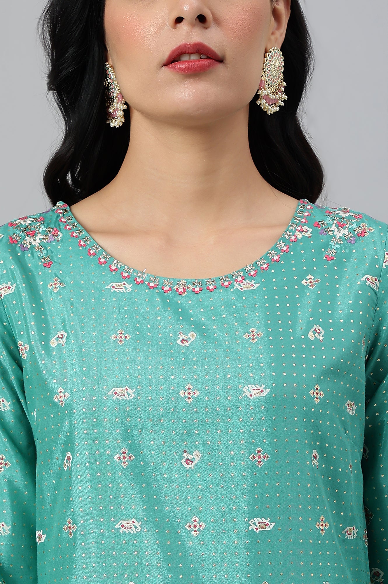 Green Thread Embroidery A-line Kurta and Slim Pant Set