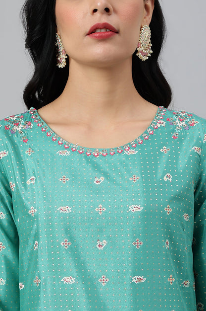 Green Thread Embroidery A-line Kurta and Slim Pant Set