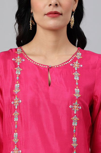 Pink Thread Embroidery Straight Kurta and Slim Pant Set