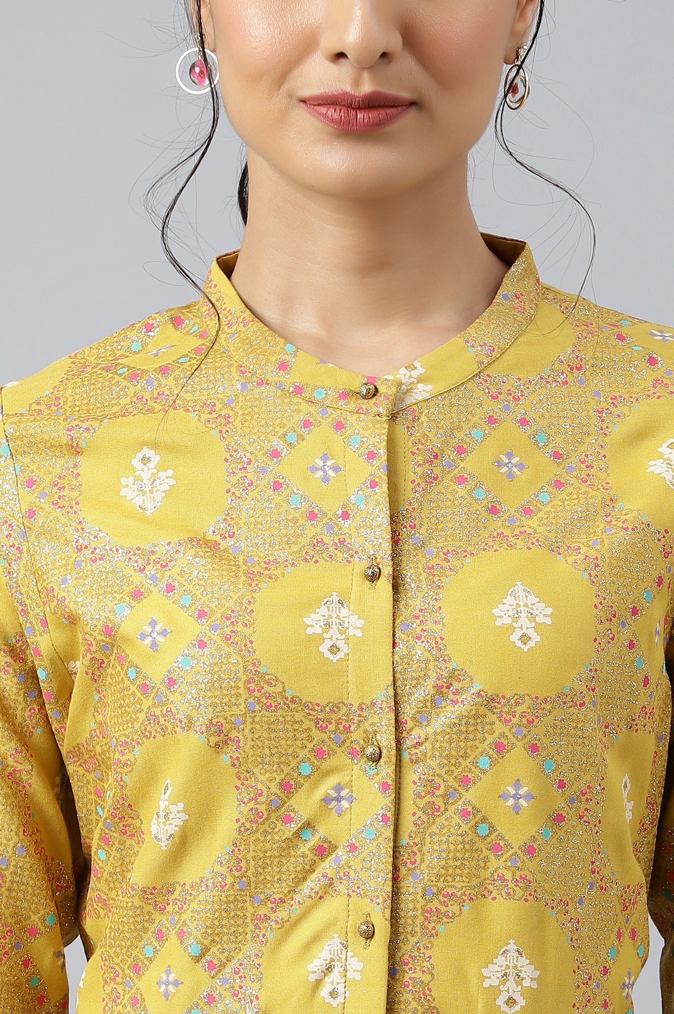 Yellow Geometric Printed Rayon A-Line Kurta and Parallel Pant Set