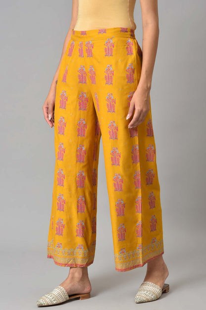 Yellow Thread Embroidery Rayon A-line Kurta and Parallel Pant Set