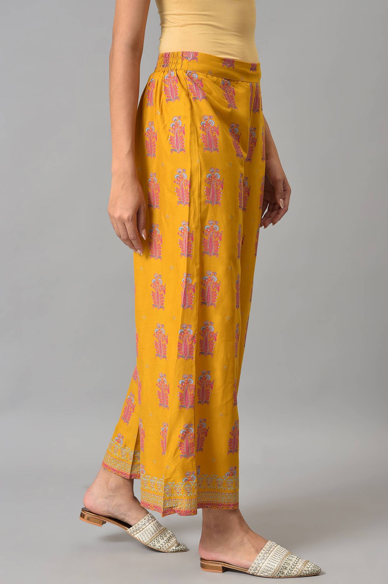 Yellow Geometric Printed Rayon A-Line Kurta and Parallel Pant Set