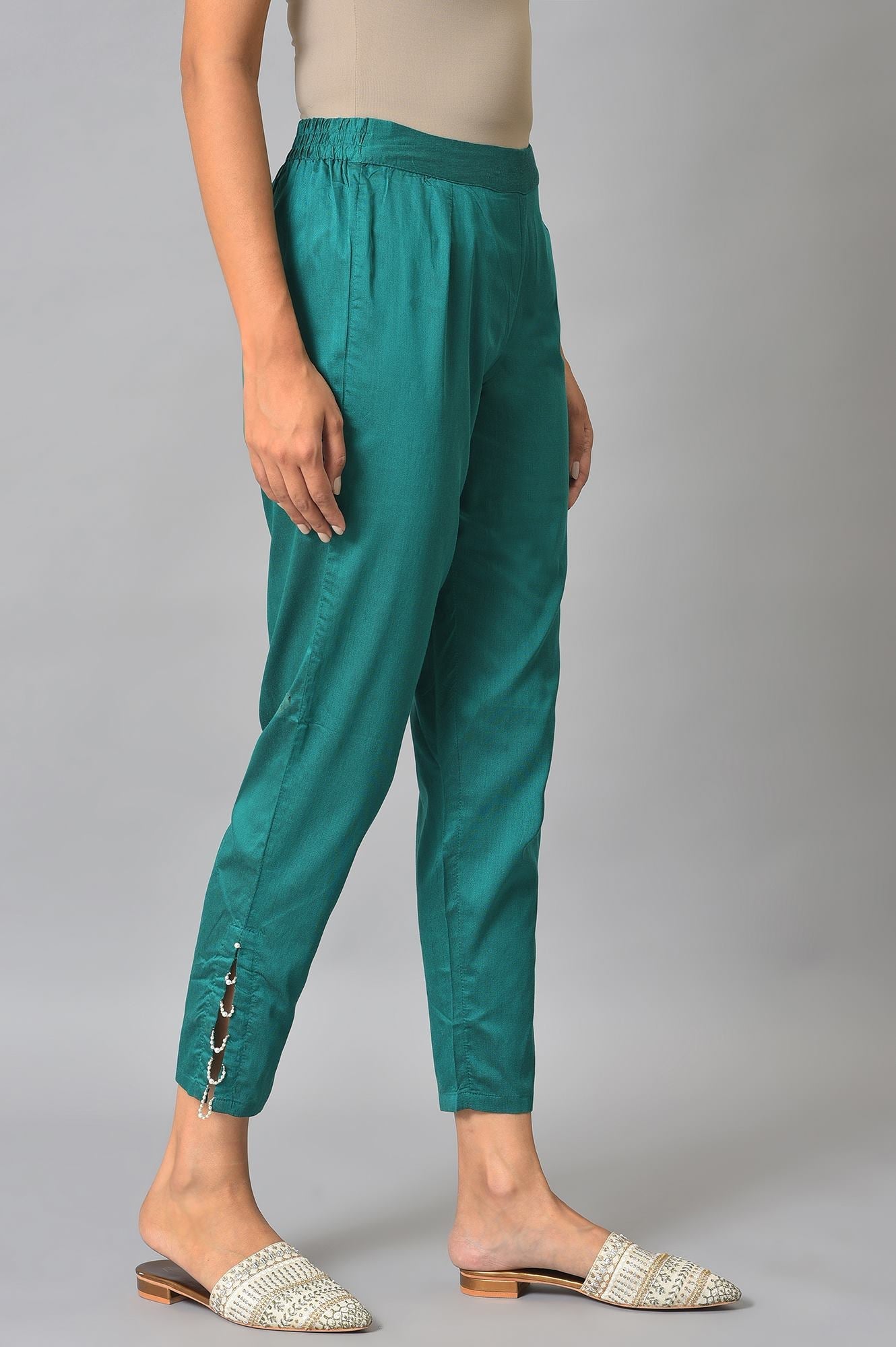 Green Thread Embroidery A-line Kurta and Slim Pant Set