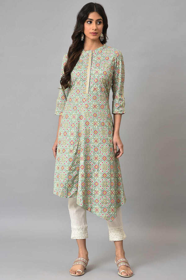 Mint Green Glitter Printed Asymmetrical kurta And Ecru Slim Pants Set