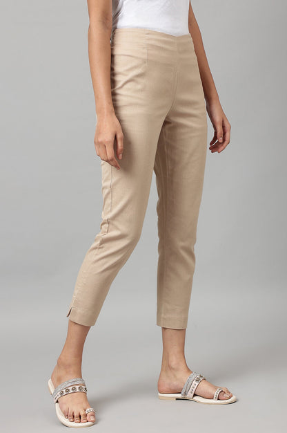 Beige Solid Slim Straight Leg Cotton Trouser