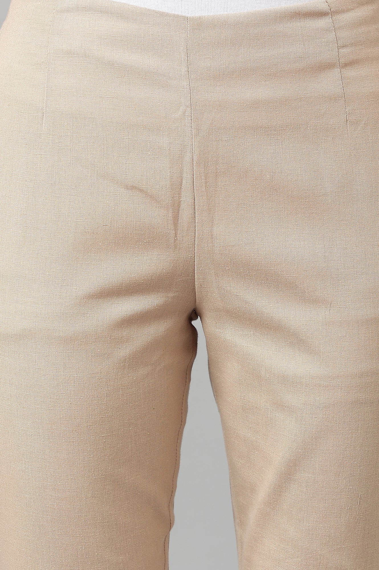 Beige Solid Slim Straight Leg Cotton Trouser