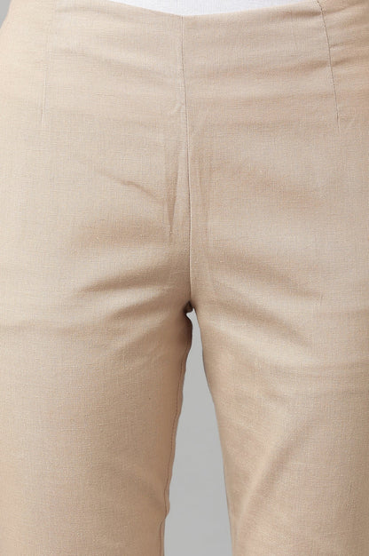 Beige Solid Slim Straight Leg Cotton Trouser