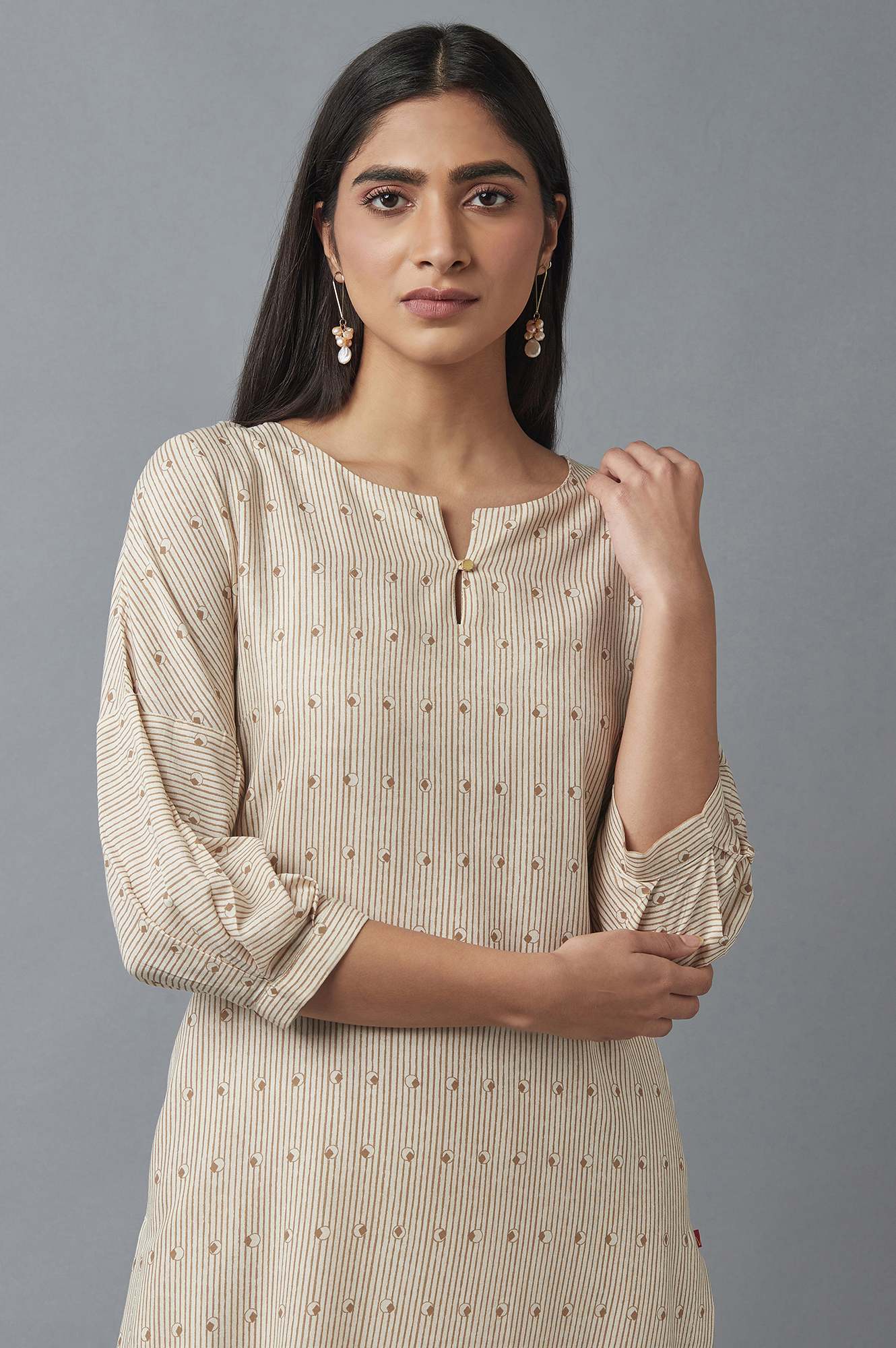 Beige Striped Rayon Straight Kurta and Slim Pant Set