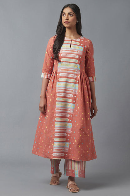 Orange Solid Printed Pure Cotton Straight Kurta with Parallel Pant Set
