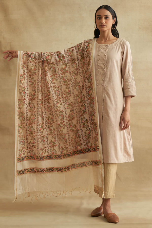Pink Floral Tasseled Cotton Dupatta