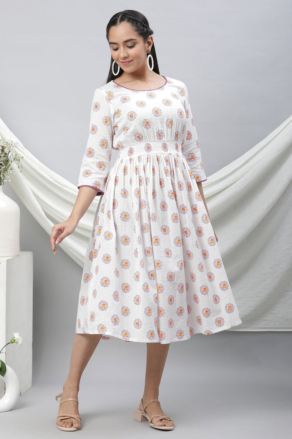 White Floral Printed Cotton Short Dress