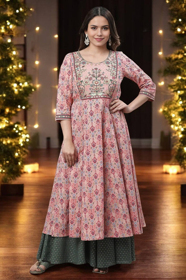 Pink Printed Flared Festive Kurta