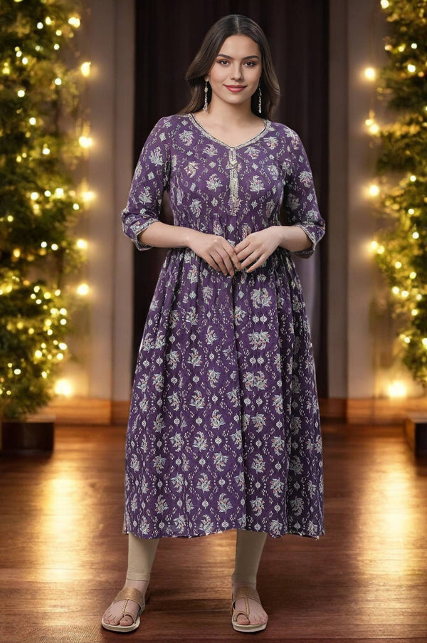 Purple Floral Printed Flared Kurta