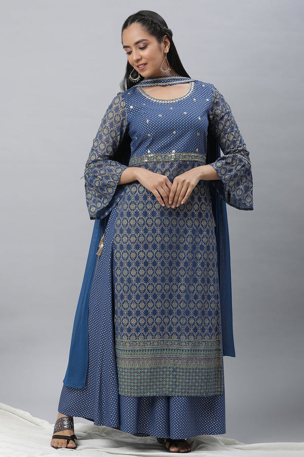 Aurelia Bright Blue Embellished Kurta, Palazzo and Choker Dupatta
