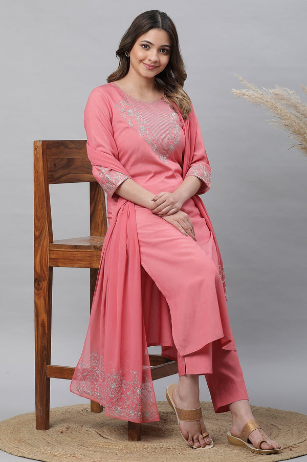 Raspberry Pink Embroidered Kurta, Palazzo & Dupatta Set