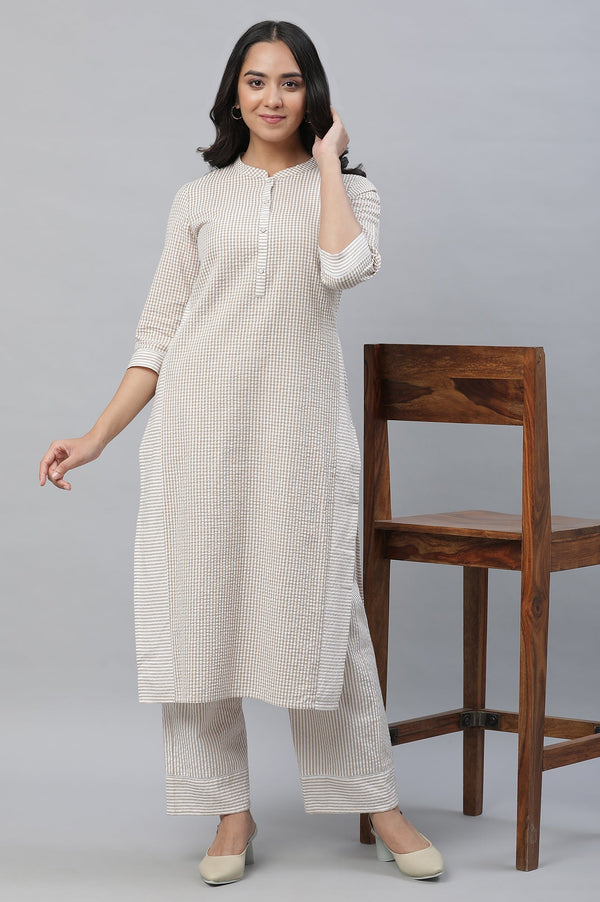 Beige Checker Textured Cotton Kurta and Palazzo Co-ord Set