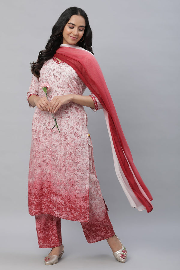 Red Floral Printed Kurta, Pants & Dupatta Set