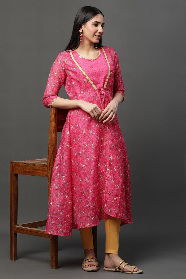 Pink Kota Gilet, Textured Kurta & Tights Set