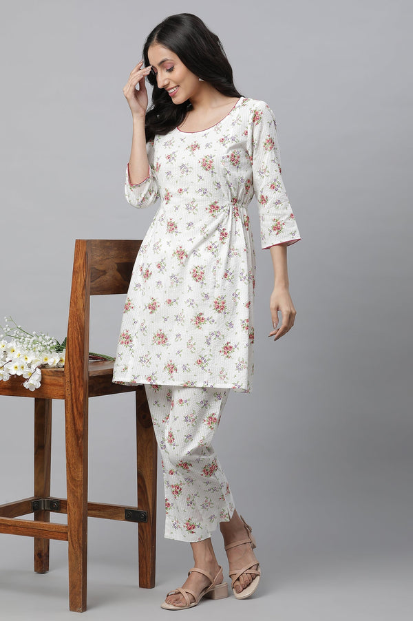 White Textured Cotton Kurta and Pants Co-ord Set