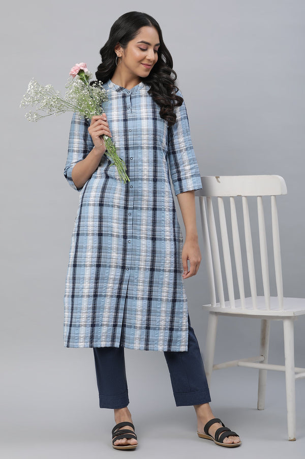 Aurelia Blue Textured Cotton Kurta and Trouser Set