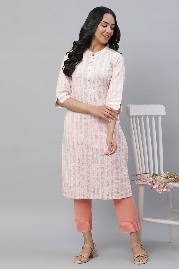Aurelia White and Peach Dobby Kurta and Trouser Set