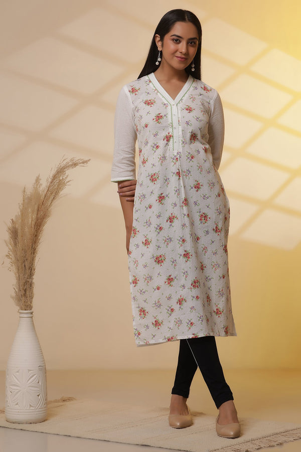 Aurelia White Textured Cotton Floral Printed Kurta and Denim Jeggings Set