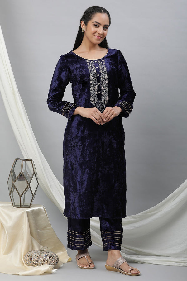 Blue Velvet Embellished Kurta & Palazzo Set