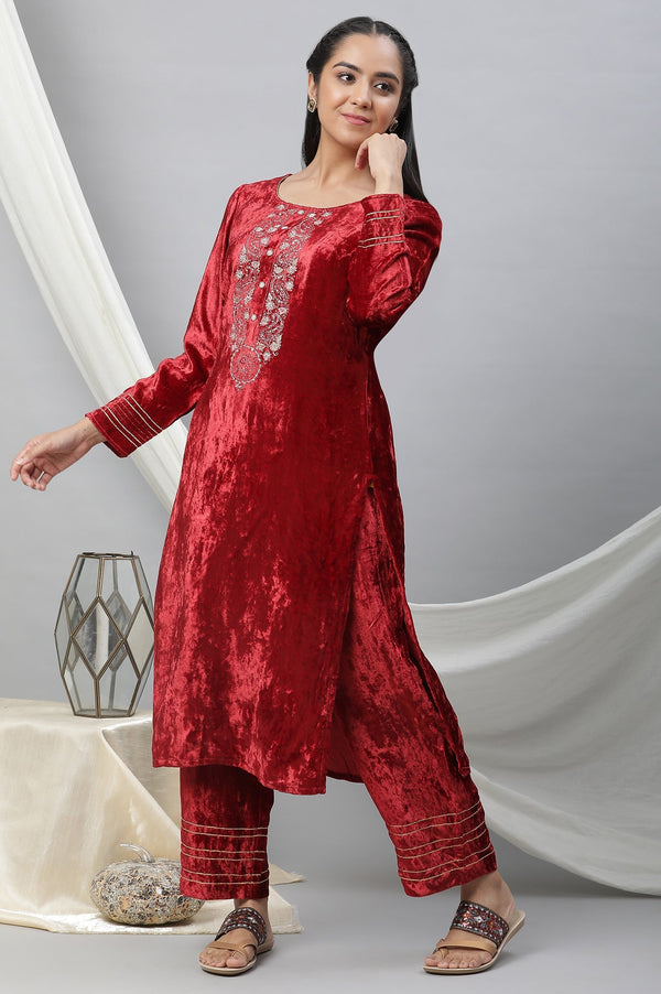 Maroon Velvet Embellished Kurta & Palazzo Set