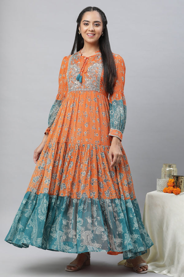 Orange Printed and Embellished with Handwork A-line Dress