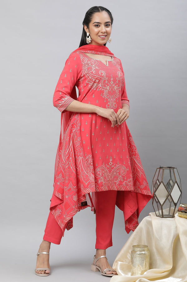 Aurelia Red Asymmetrical Kurta, Trousers and Dupatta Set