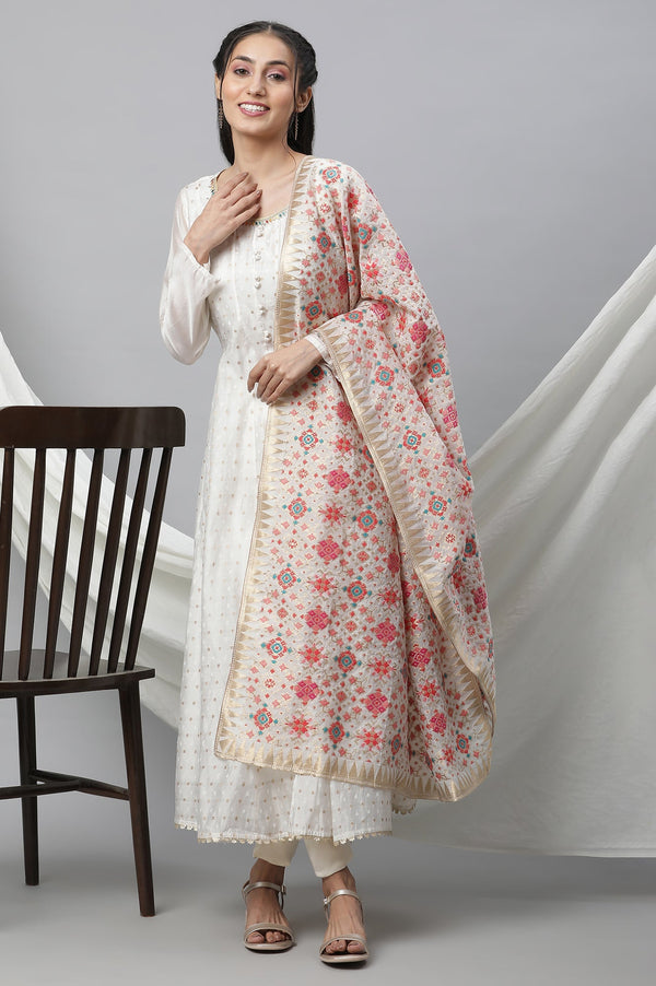 Aurelia Off-Whote Embellished Flared Kurta, Tights and Jaquard Dupatta