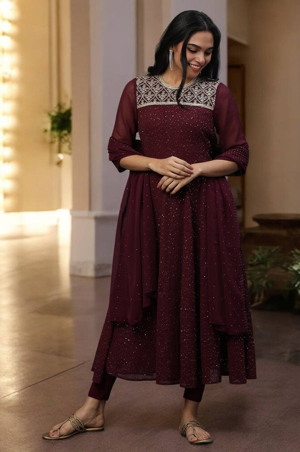 Purple Dori Embroidered Anarkali Kurta, Tights and Dupatta Set