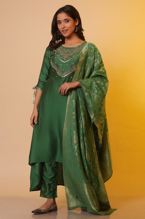 Green Zari Embroidered Festive Kurta Trousers and Dupatta Set