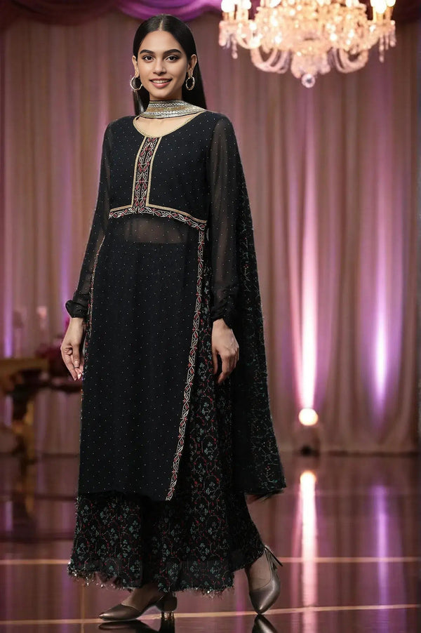 Black Sheer Embroidered High Slit Kurta, Skirt and Choker Dupatta Set