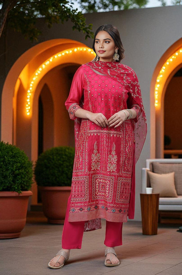 Pink Printed Festive Kurta, Pants and Embroidered Dupatta Set