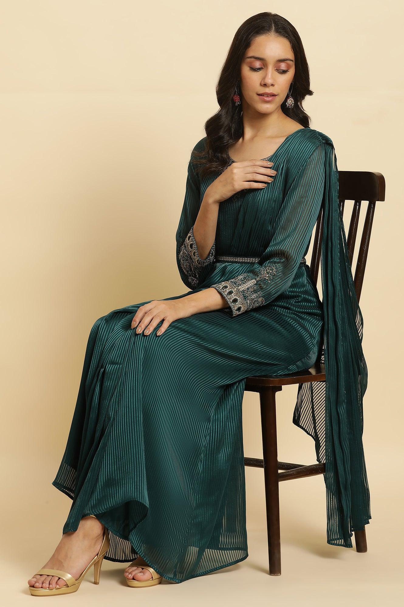 Green Embelloshed Predrape Saree Dress - wforwoman