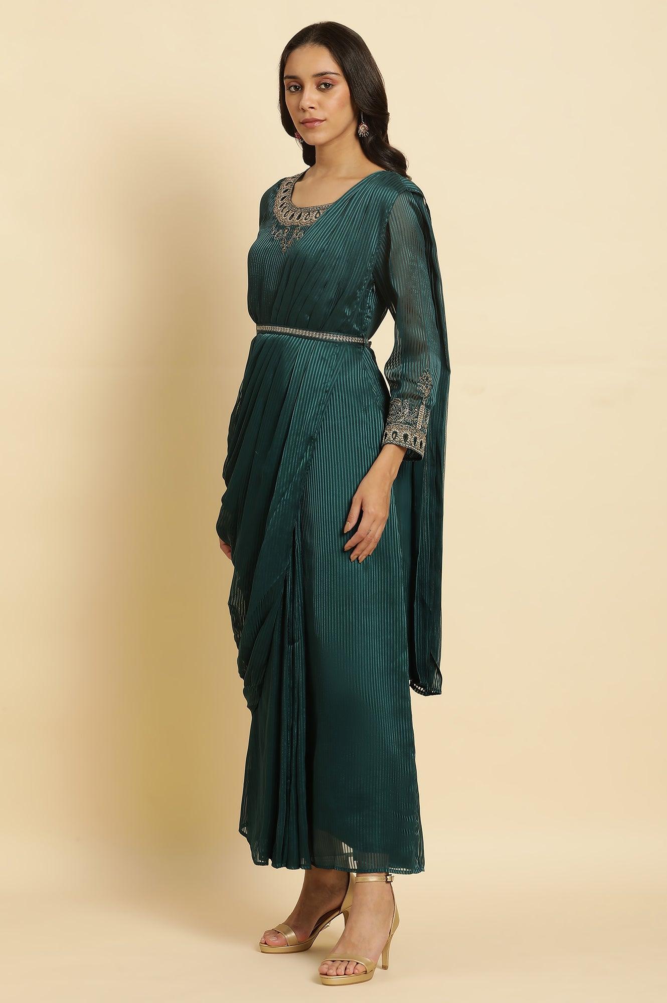 Green Embelloshed Predrape Saree Dress - wforwoman