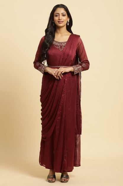 Maroon Jewelled Neck Pre-Drape Saree Dress - wforwoman