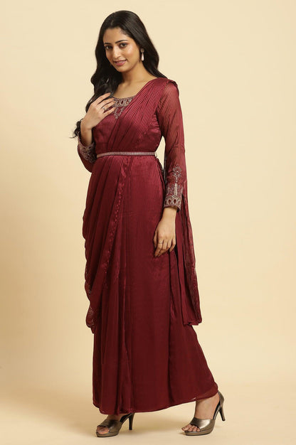 Maroon Jewelled Neck Pre-Drape Saree Dress - wforwoman