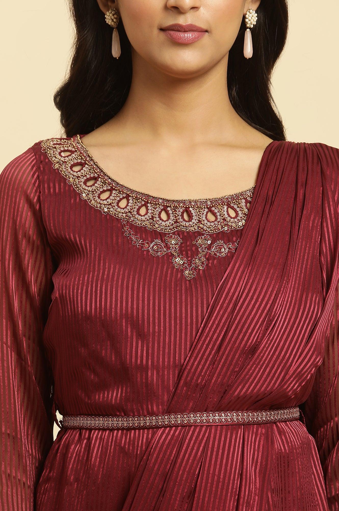 Maroon Jewelled Neck Pre-Drape Saree Dress - wforwoman