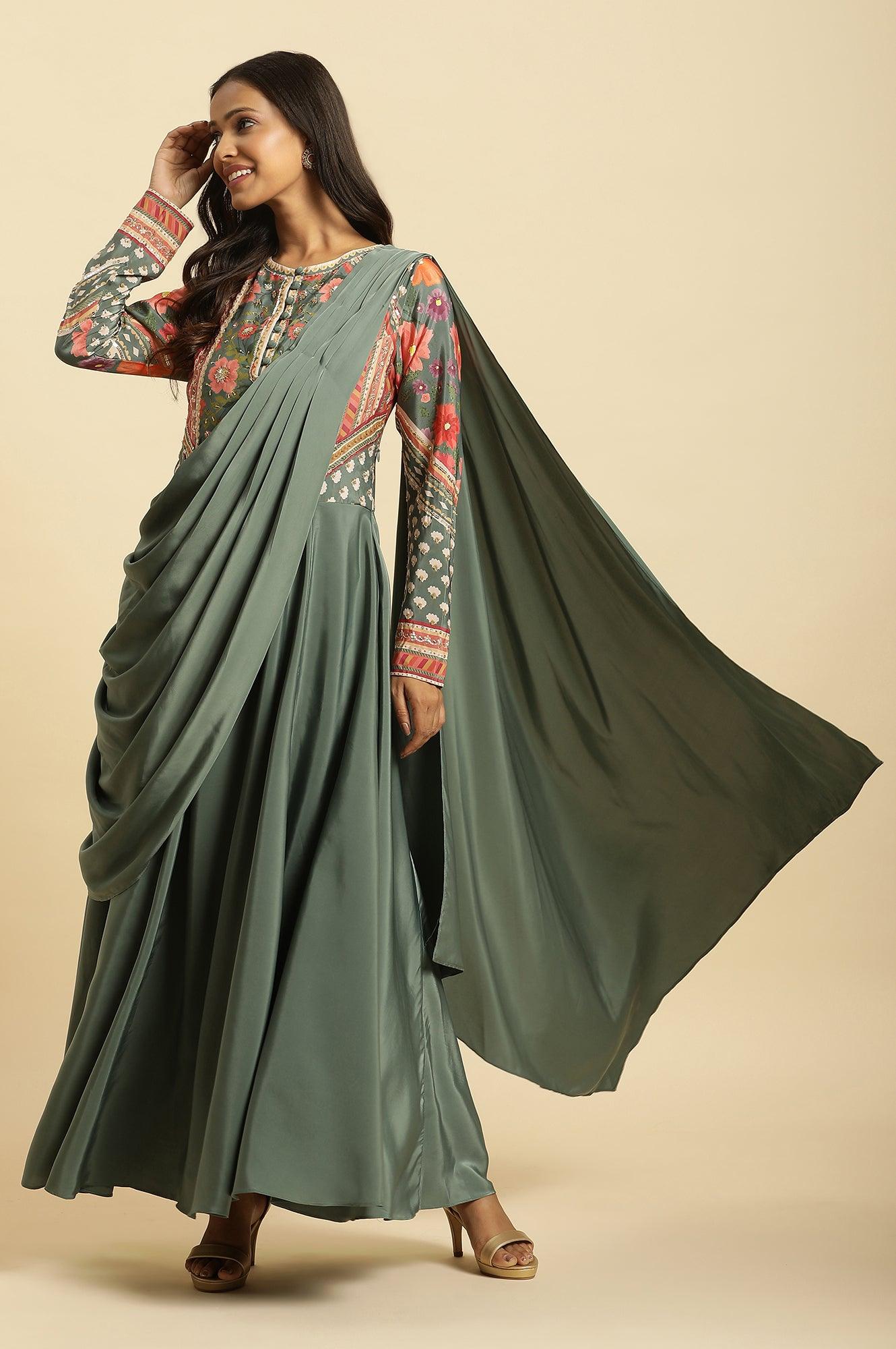 Green Predrape Saree Dress With Multi-Coloured Embellishement - wforwoman