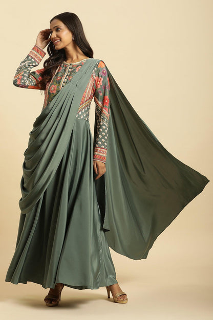 Green Predrape Saree Dress With Multi-Coloured Embellishement - wforwoman