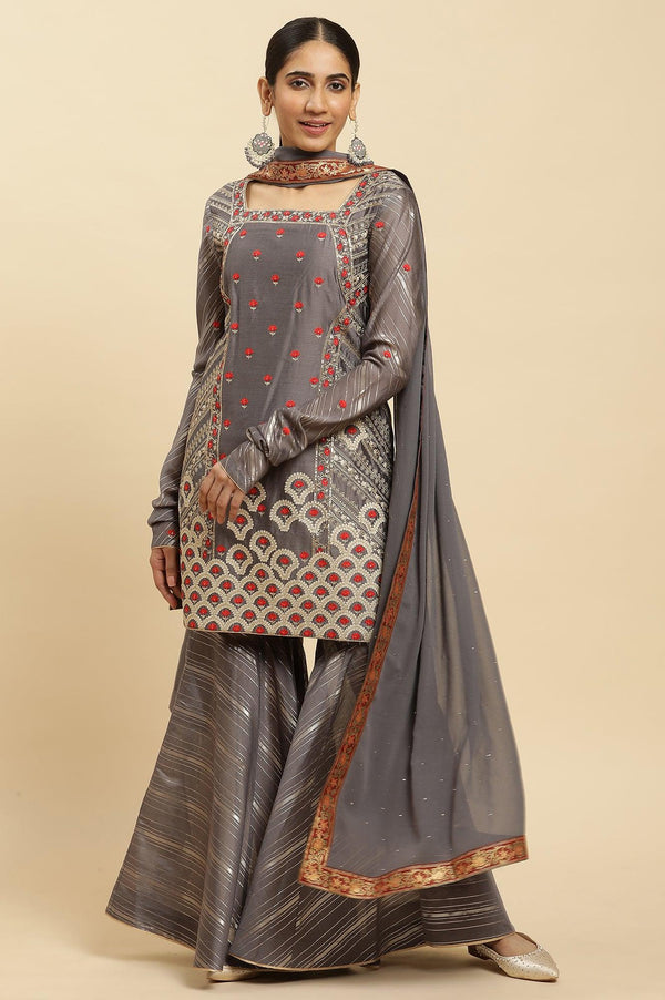 Light Grey Embroidered Heavy Festive Kurta And Sharara And Dupatta Set