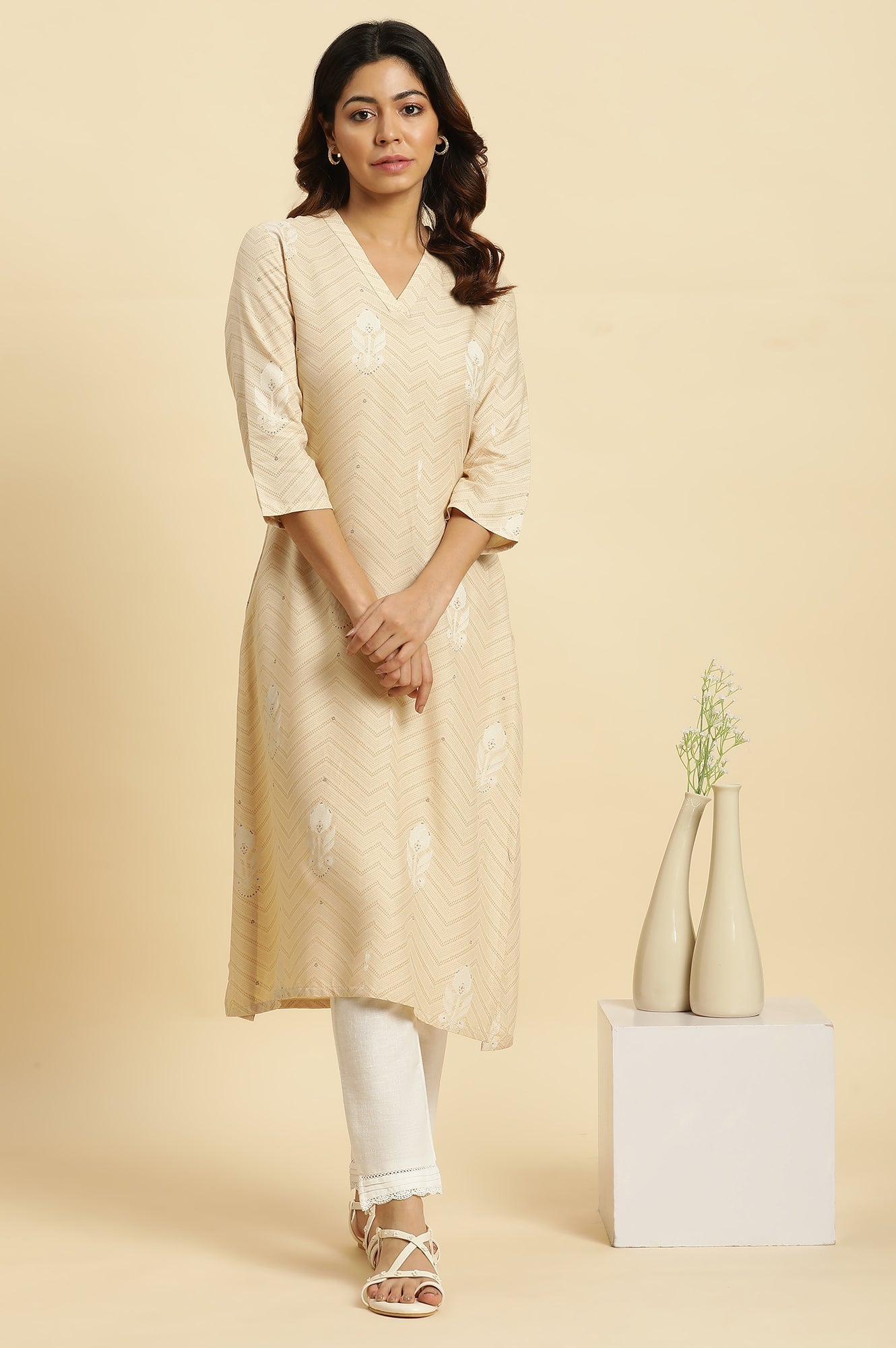 Beige Floral A-Line Rayon Kurta