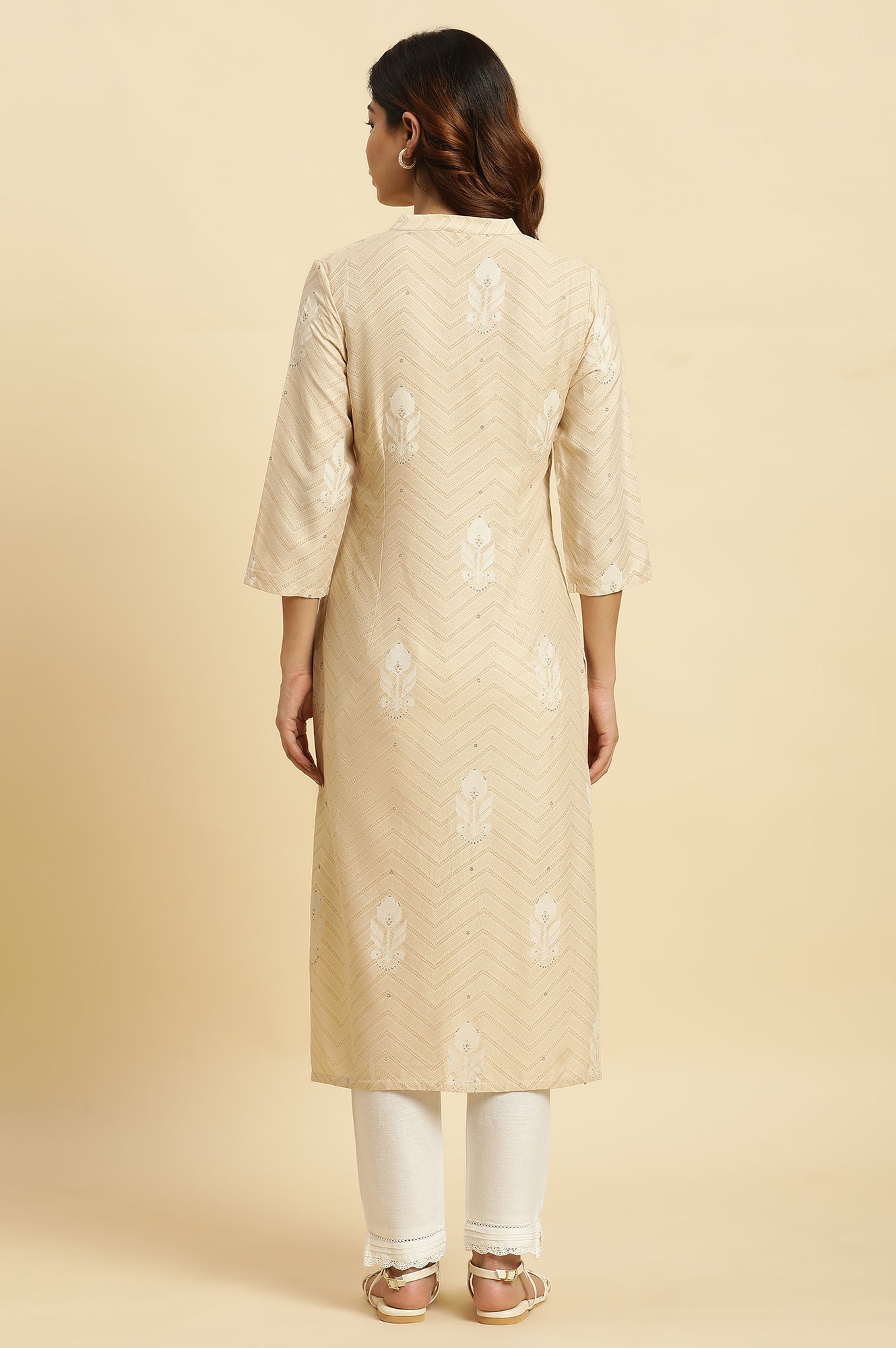 Beige Floral A-Line Rayon Kurta